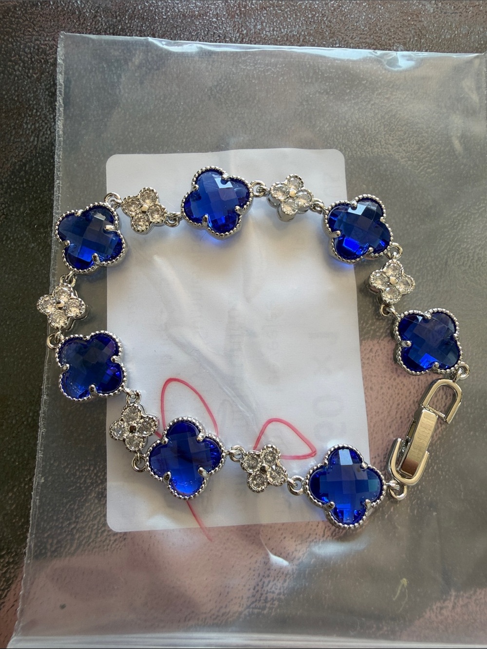 Silver Bracelet with Royal Blue Clover Stones & crystal in-between